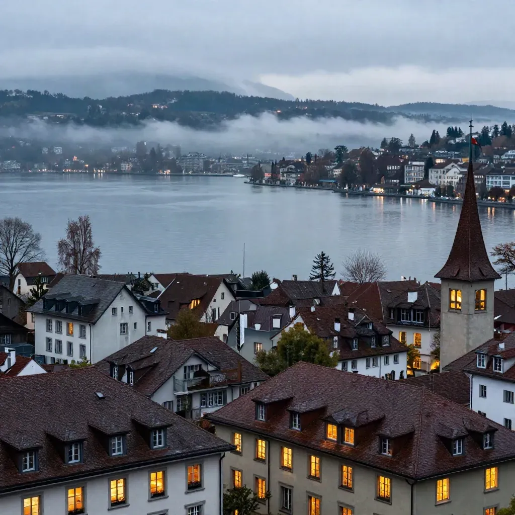 Zürichs Uferpanorama mit See, Dächern und nebligem Uetliberg im Abendlicht