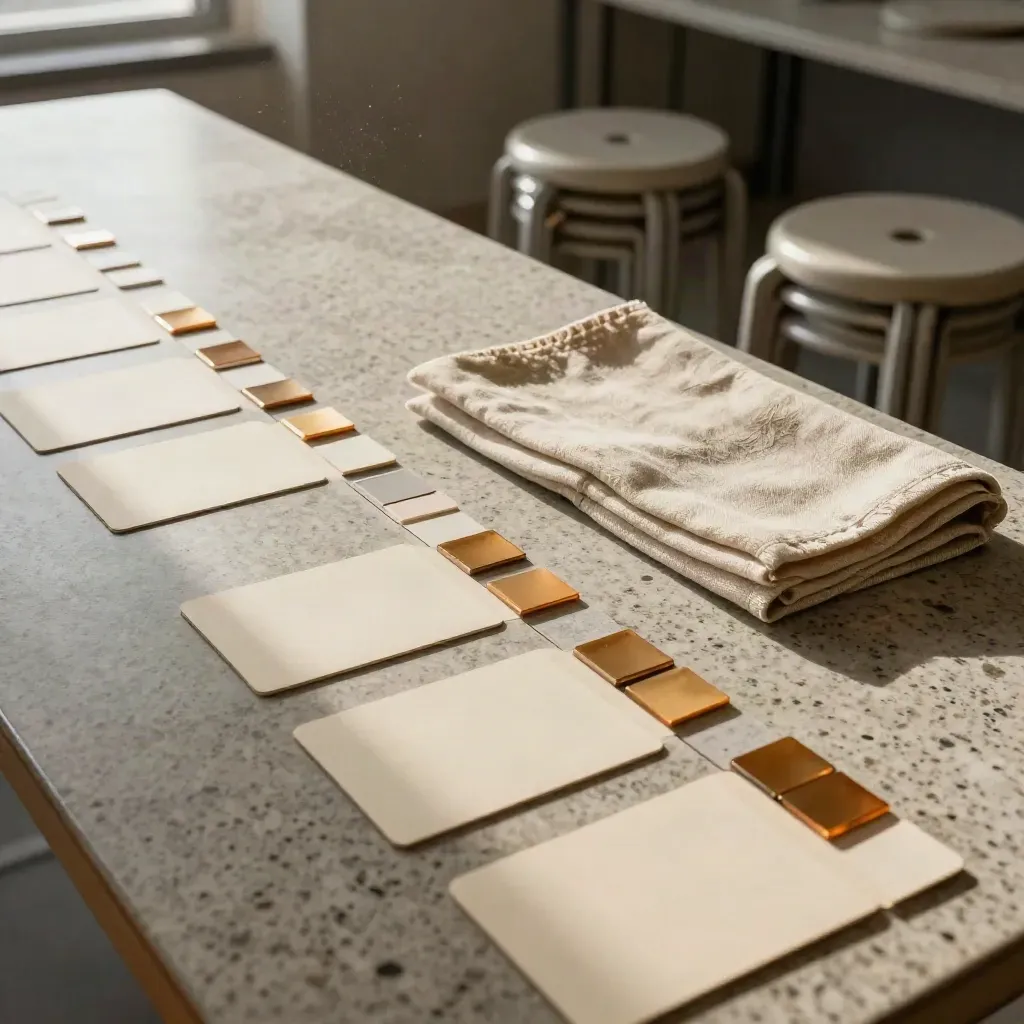 Workshop-Tisch mit Karten, Magnet-Tiles und beiseite geschobenen Hockern im Licht