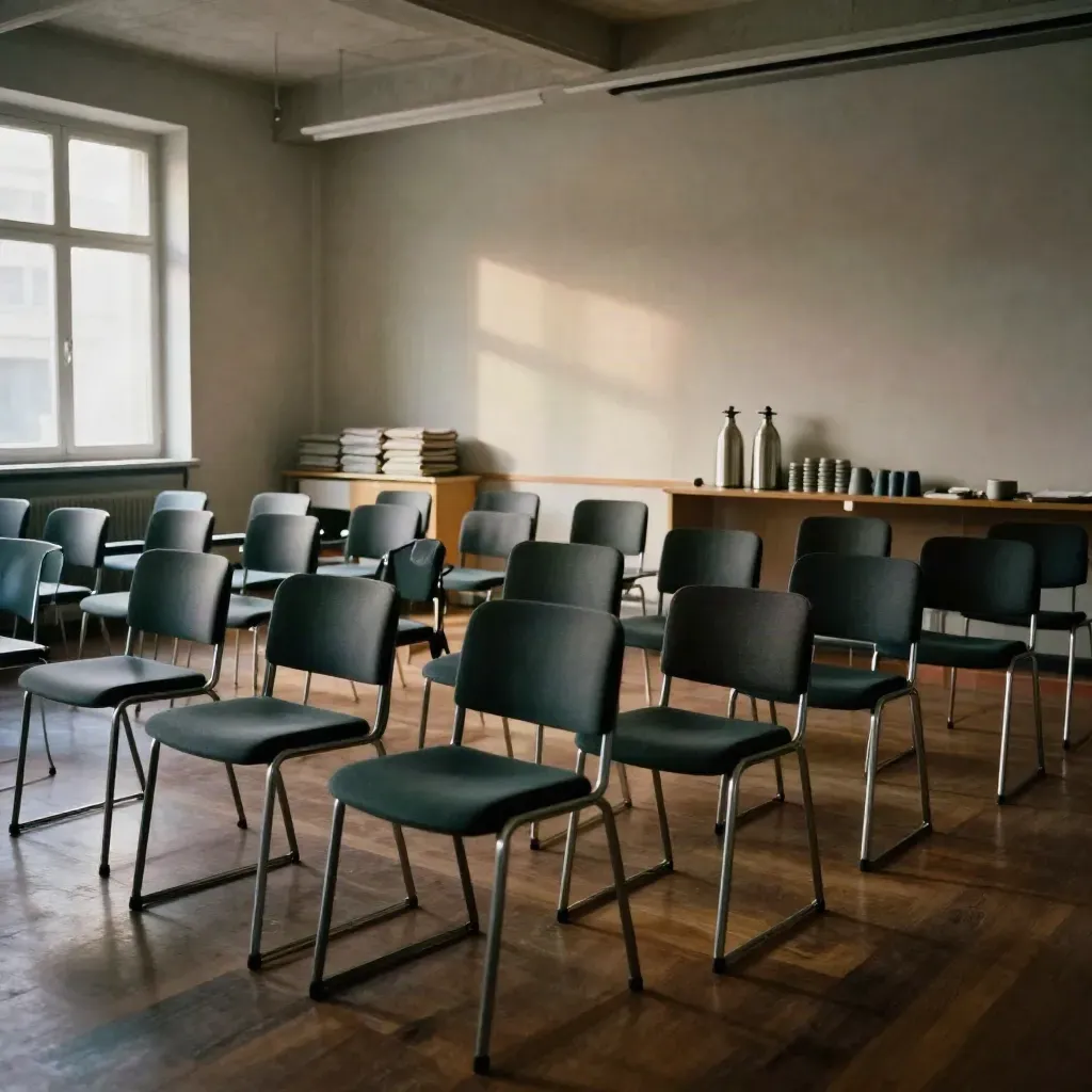 Leerer Seminarraum in Zürich mit Stühlen, Projektionsschein und Kursboxen.