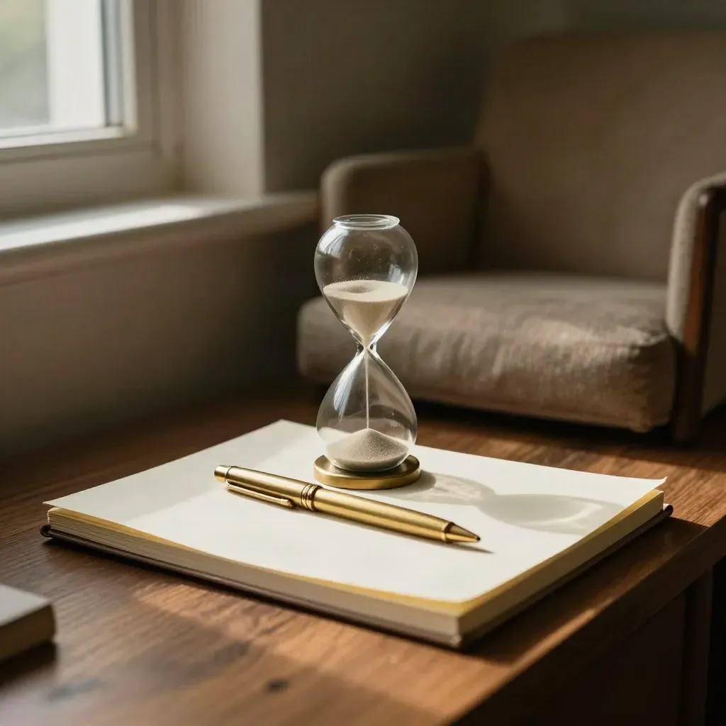 Stiller Coaching-Nook mit Notizbuch, Messingstift und Sanduhr vor weichem Sessel.