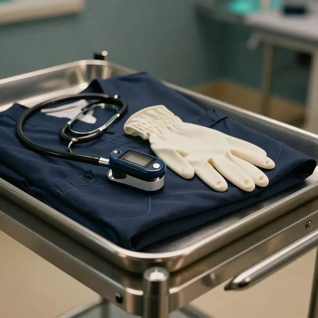 Bereitgelegte Pflegeschulung mit Scrubs, Stethoskop und Pulsoximeter auf Klinikwagen.
