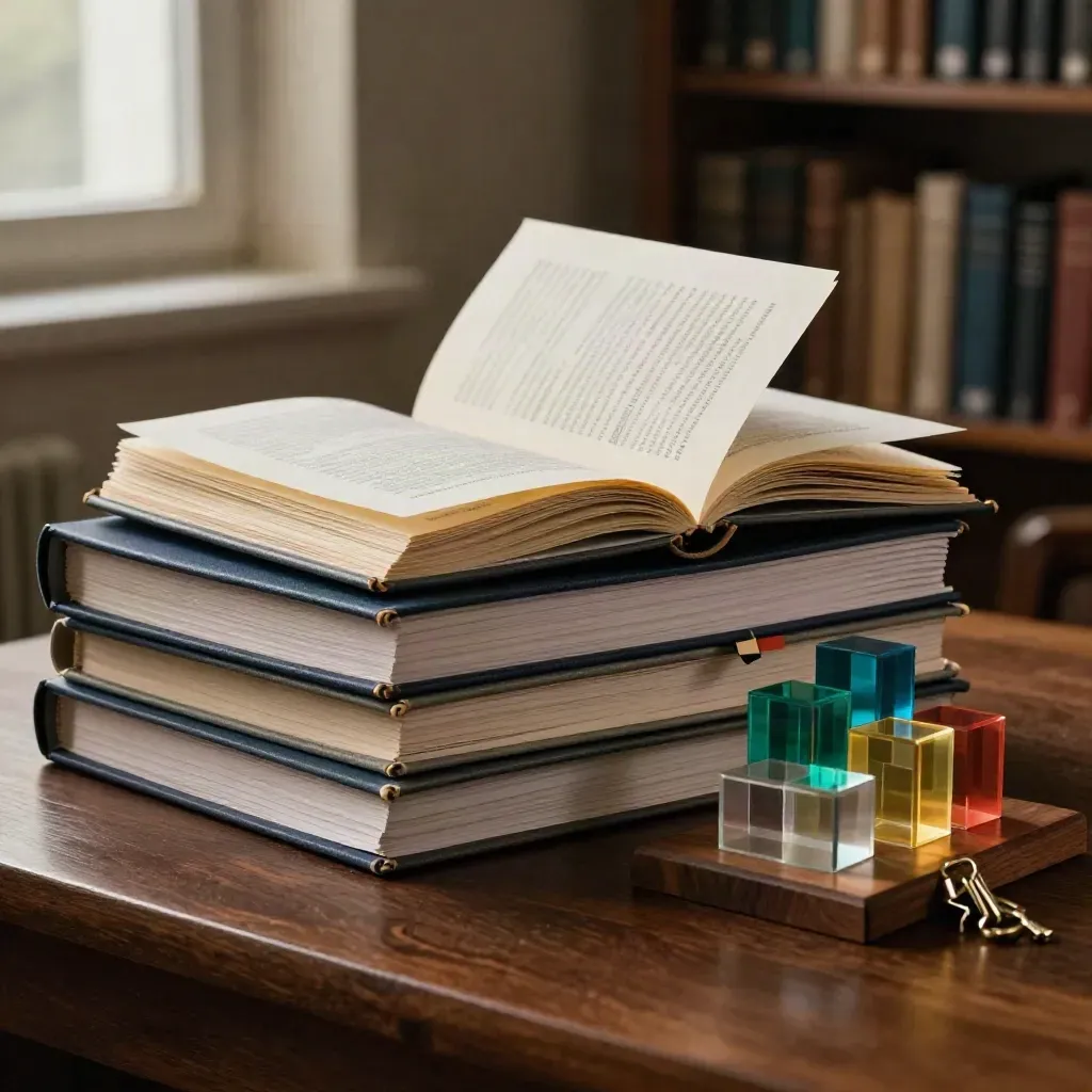 Dunkles Stillleben mit Curriculum-Bindern, Tabs und Planungsmodell auf Walnussholz