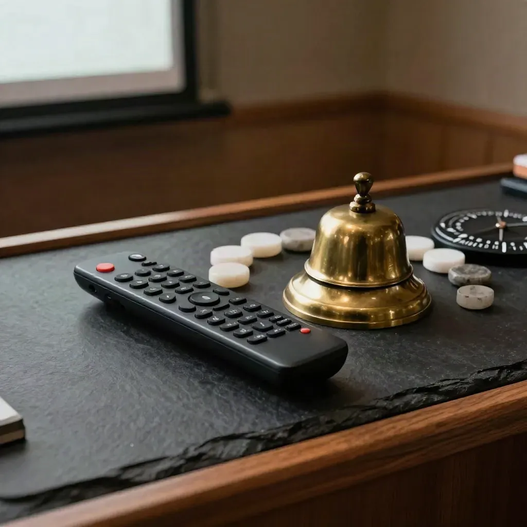Seminar-Remote, Messingglocke, Magnetring und Zeitscheibe auf Schiefer im dunklen Studio