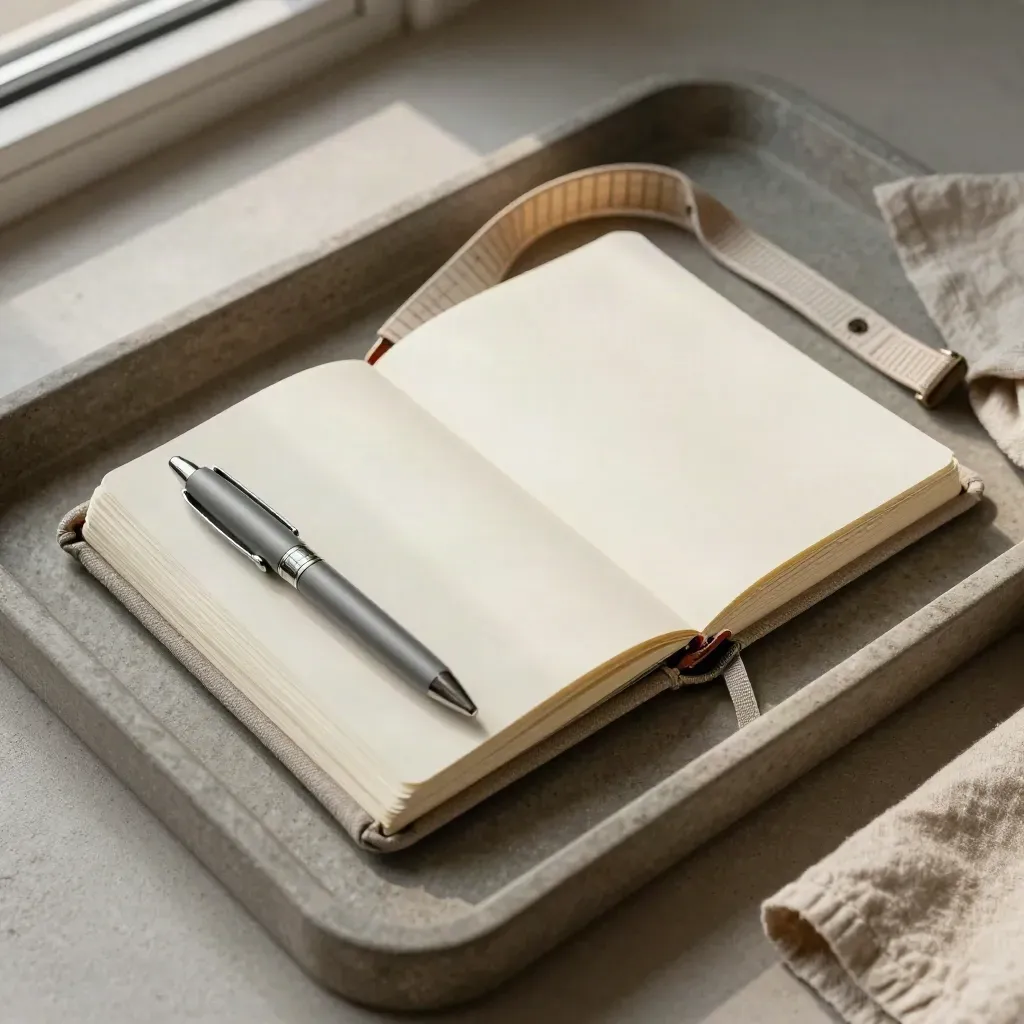 Offenes Kurs-Set mit Notebook, Stift, Terminband und Tasche auf Steinplatte.