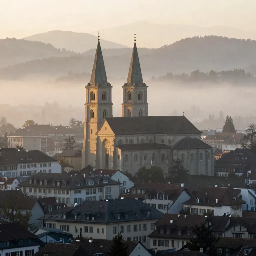 St. Galler Kathedrale über den Dächern im Morgennebel mit sanften Hügeln