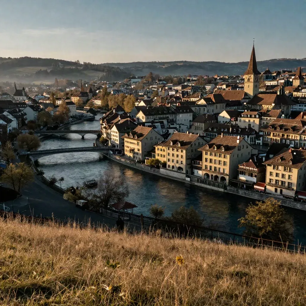 Berns Altstadt hoch über der Aare, goldene Abendstimmung über ruhigem Mittelland