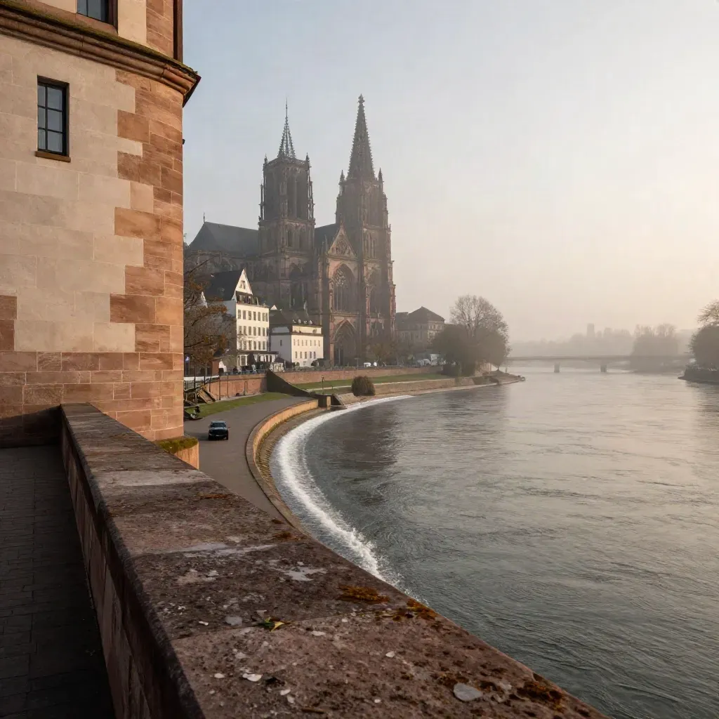 Basel am Rhein im Nebel, Kathedrale hoch über hellen Sandsteinquais